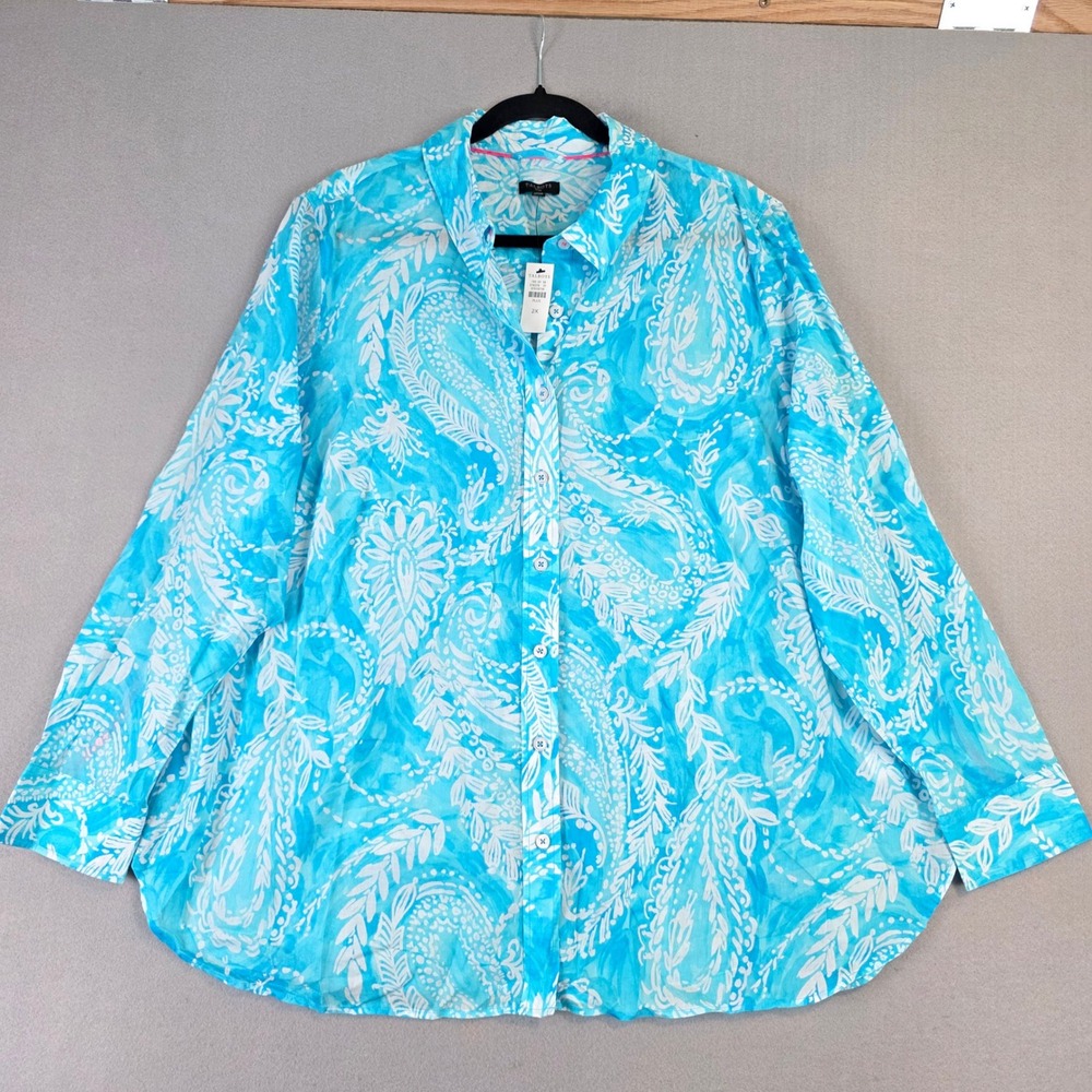 Talbots Plus 2X Blue White Paisley Cotton Button Down Shirt Lightweight Beach